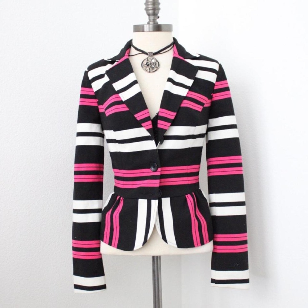 Y2k tailored peplum blazer with pink, black, and white stripes